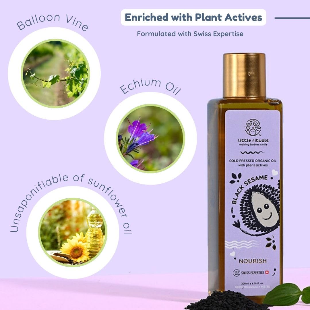 Little Rituals BLACK SESAME - BABY MASSAGE OIL Certified Organic, Wood Cold-Pressed for Skin and Hair with SWISS Plant Actives - 200 ml. Dermatologist Tested by Pediatrics, Mild & Gentle & Safe