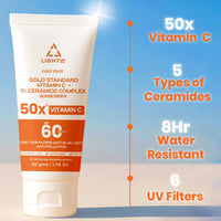 Light Up Gold Rush Gold Standard Vitamin C + 1% Ceramide Complex Sunscreen, Spf 60 Pa ++++, Uva/Uvb Filters Anti Blue Light Anti Pollution - 50G|For All, Normal, Oily, Dry, Sensitive Skin Types