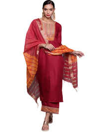 INDO ERA Women's  Solid Cotton Blend Straight Kurta Palazzo With Dupatta Set