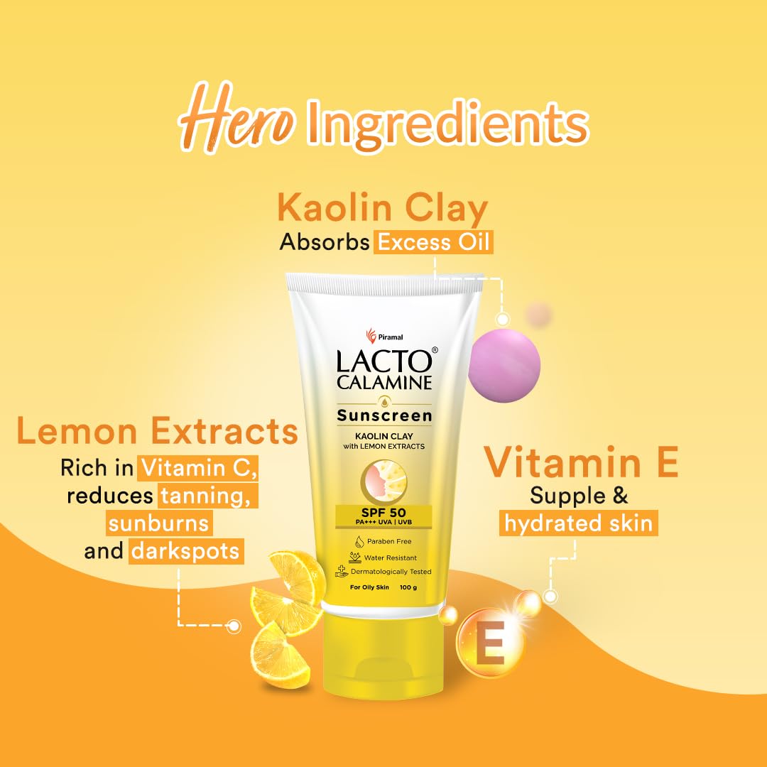 Lacto Calamine Sunscreen SPF 50 | 100g | PA +++ Sunscreen For Oily Skin | UVA – UVB Sunscreen | Water Resistant & No White Cast | With Kaolin Clay, Vitamin E & Lemon Extracts | Paraben Free (100 g)