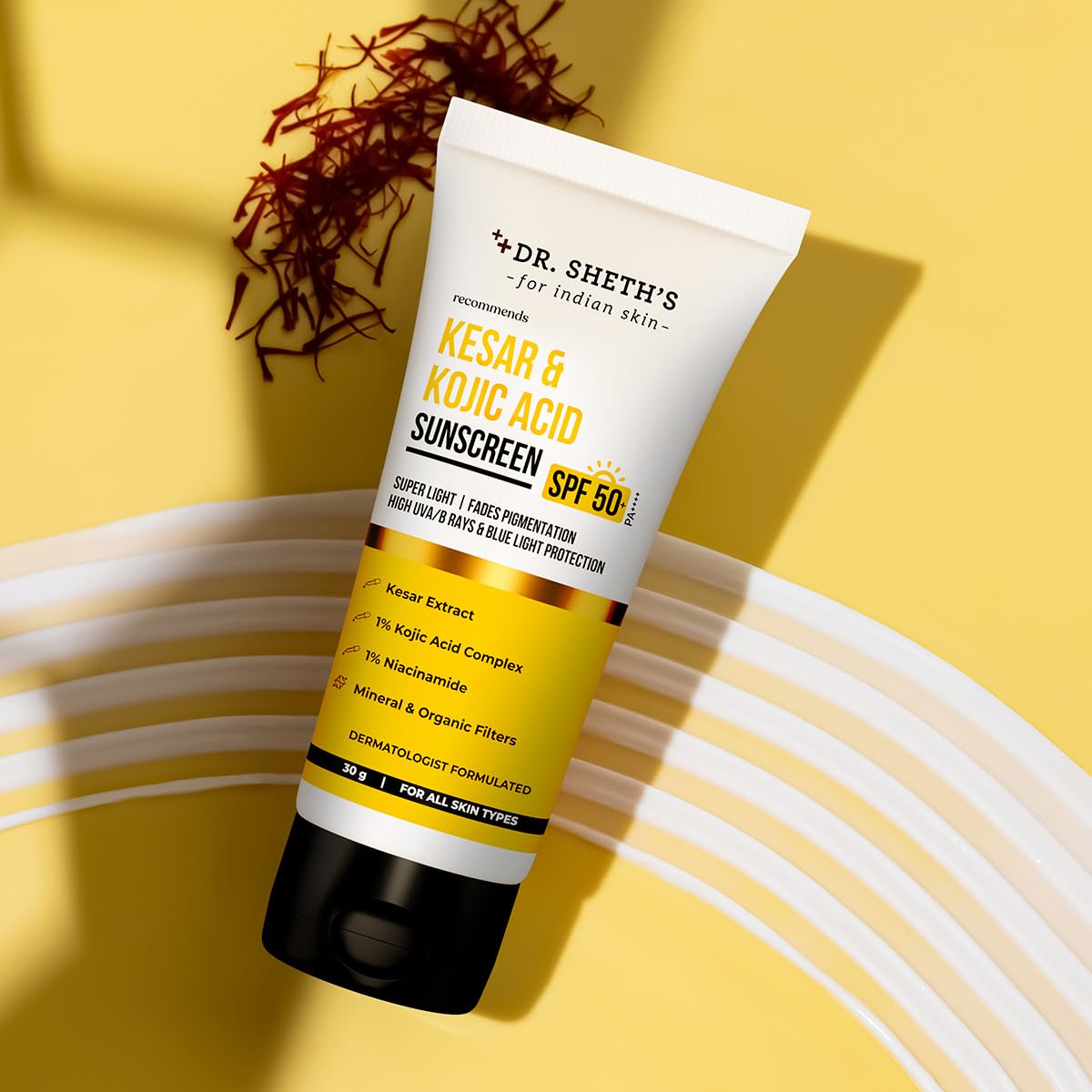 Dr. Sheth's Kesar & Kojic Acid Sunscreen with SPF 50 Pa++++ | For Pigtation-Free Skin | No White Cast & Light Weight | For Daily Moisturization | For All Skin Types | 30 g