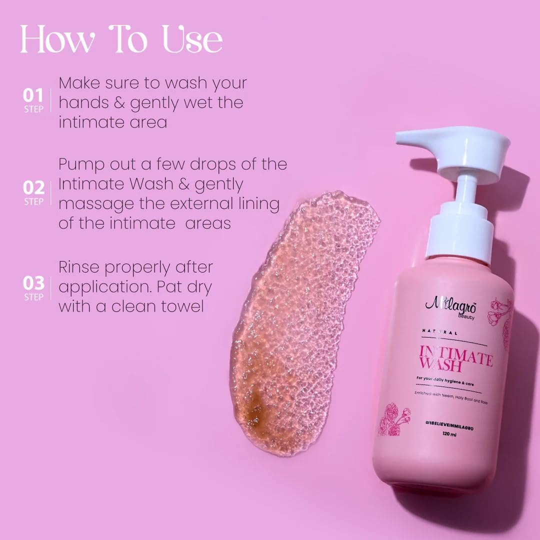 Milagro Beauty Natural Intimate Wash for Women – Gentle Feminine Hygiene Wash, pH-Balanced Formula, Soothes Itching & Dryness, Fights Odour, 100% Vegan & Paraben-Free, 120ml
