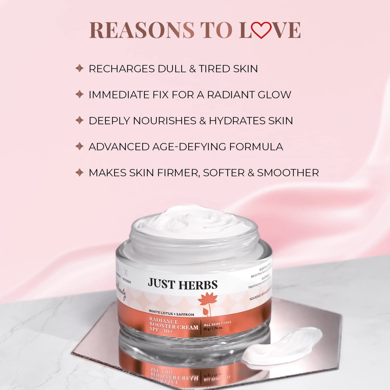 Just Herbs Saffron + White Lotus Radiance Booster Cream with SPF 30+ for Brighter Complexion | For Men & Women- 50g