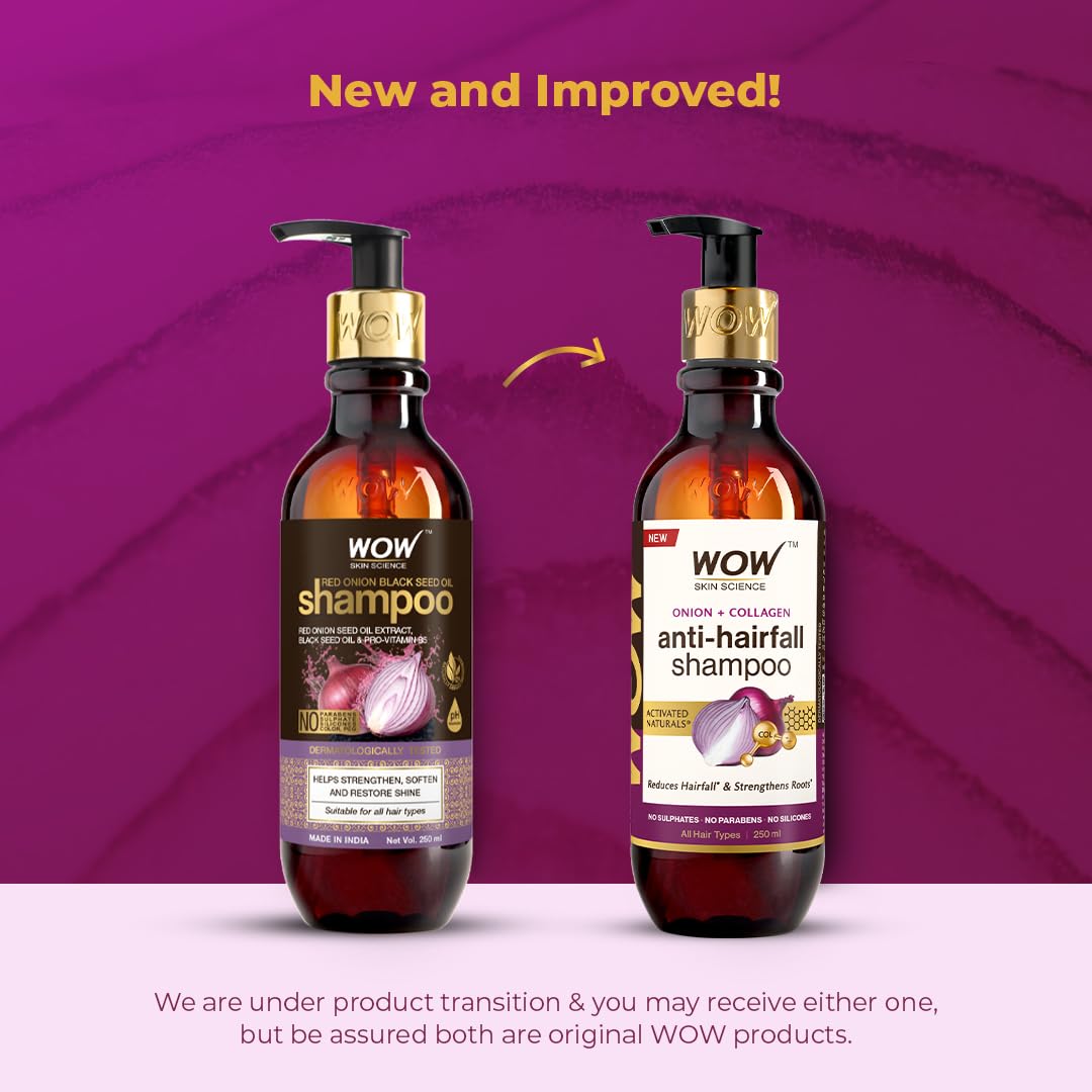 WOW Skin Science Red Onion Black Seed Oil Shampoo With Red Onion Seed Oil Extract, Black Seed Oil & Pro-Vitamin B5 - No Parabens, Sulphates, Silicones, Color & PEG - 250mL