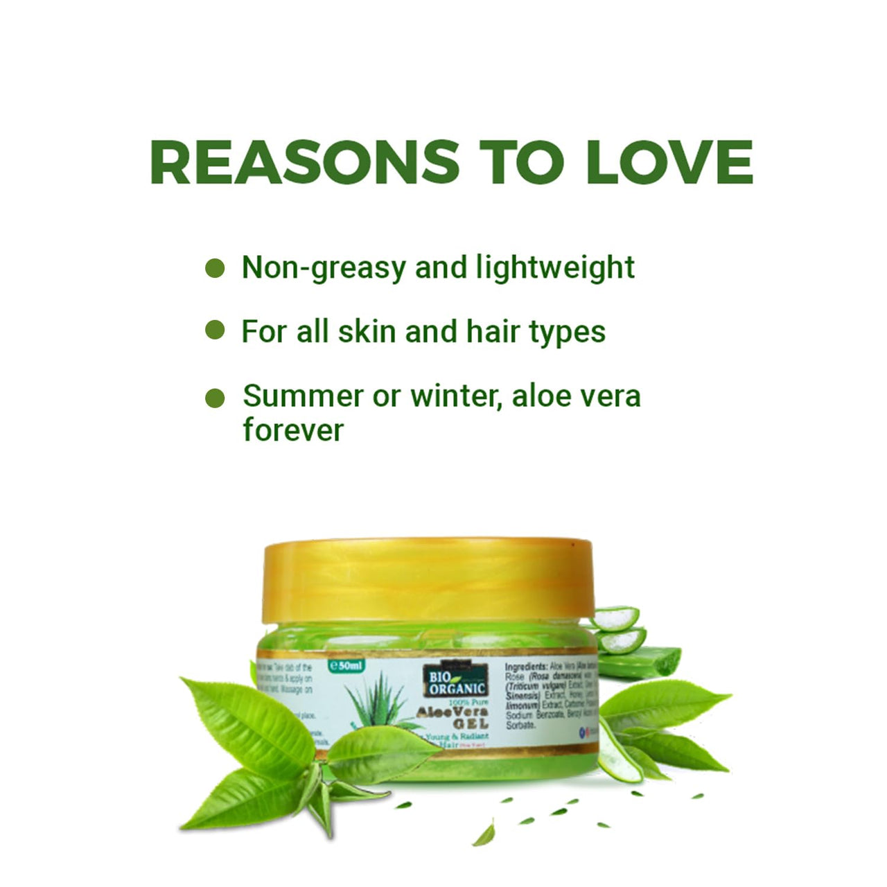 INDUS VALLEY Bio Organic Pure Multipurpose Aloe Vera Gel With Green Tea Extract For Face, Body & Hair,For Glowing & Soothing Skin, Anti-Ageing & Acne, Suitable to All Skin Type - 50ml