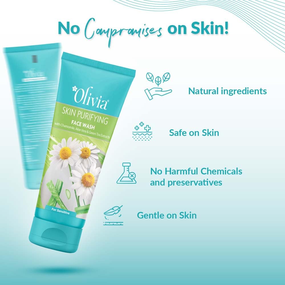 Olivia Skin Purifying Face Wash With Chamomile Aloe Vera And Green Tea Extracts | Reduces Blemishes & Breakouts| Suitable To All Skin Types - Paraben Free - 100Ml