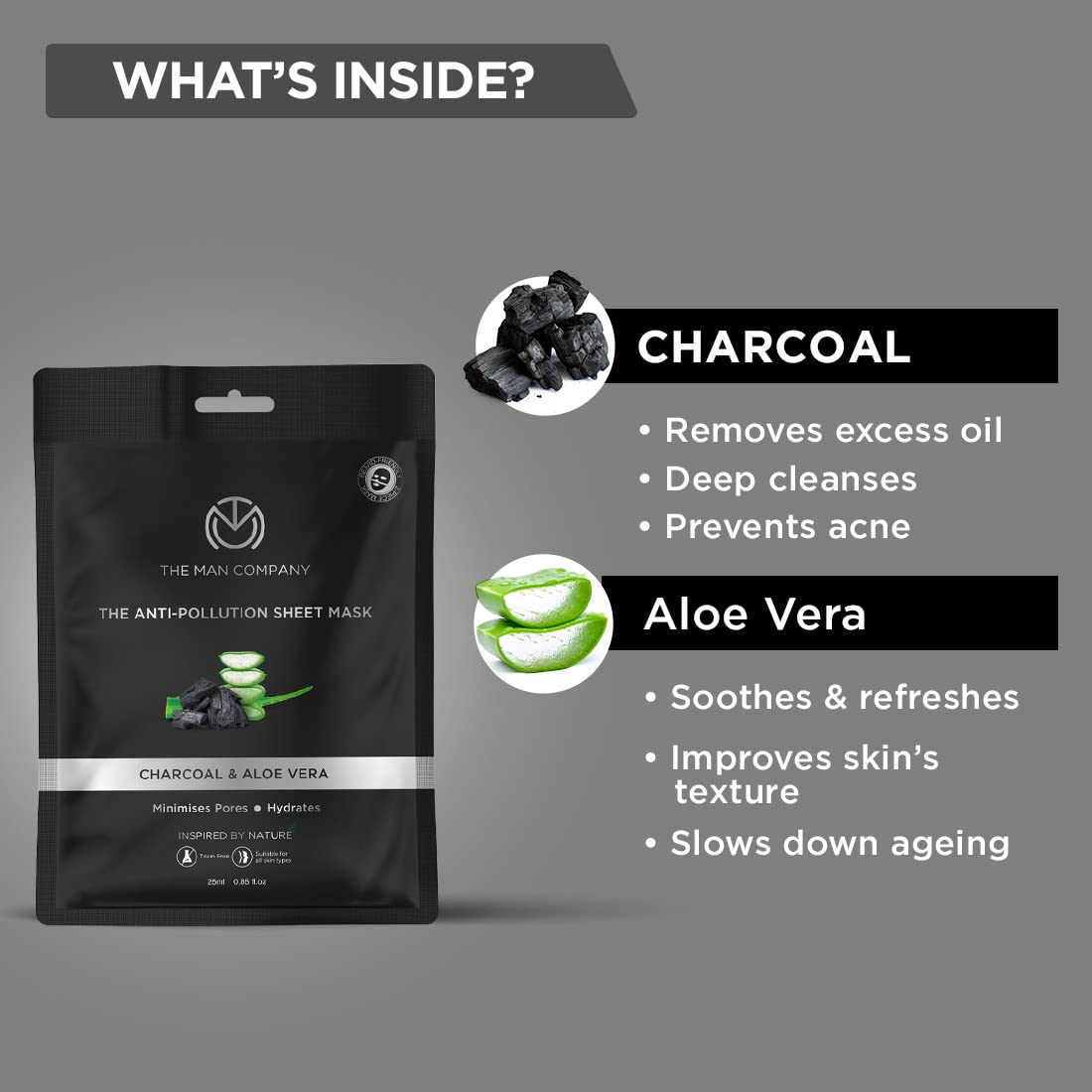 The Man Company Charcoal Face Sheet Mask - 25 ml (Pack of 3) | Anti-Pollution,Unclog pores