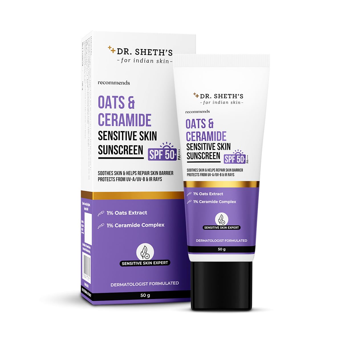 Dr. Sheth's Oats & Ceramide Sunscreen | SPF 50+ PA++++ | Oil-Free Sunscreen For Sensitive Skin | Lightweight & No White Cast | Strengthens Skin Barrier | Sun Protection From UVA/B/IR Rays | Men & Women | 50 g