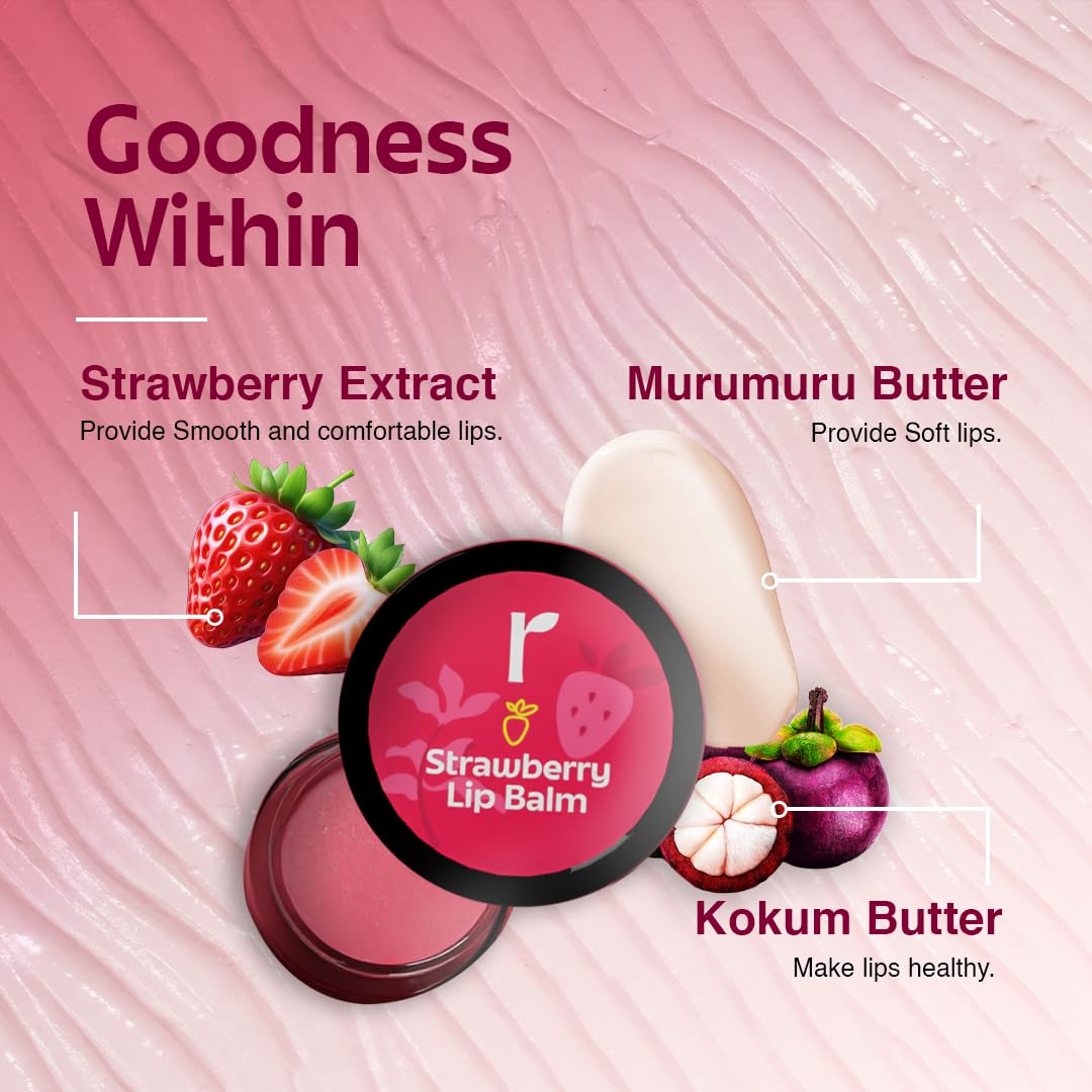 Rivona Naturals Strawberry Lip Balm | Avocado Butter + Kokum Butter | Moisturizing and Plumping | For Men & Women | 8 gm