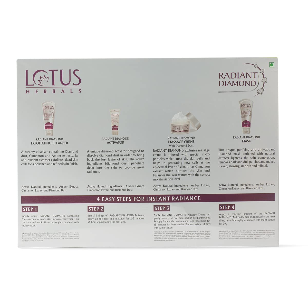 Lotus Herbals Radiant Diamond Cellular Radiance 5 In 1 Facial Kit | With Diamon Dust & Cinnamon | For All Skin Types | 170g