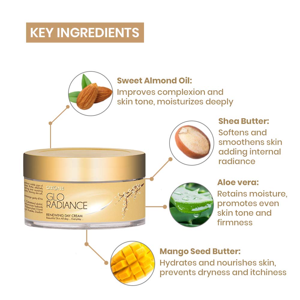 Ozone Glo Radiance Renewing Day Cream 50 G For a Glowing, Youthful Looking Complexion. Hydrating and Nourishing Formula to Heal Dull Damaged Skin - Paraben and Sulfate Free