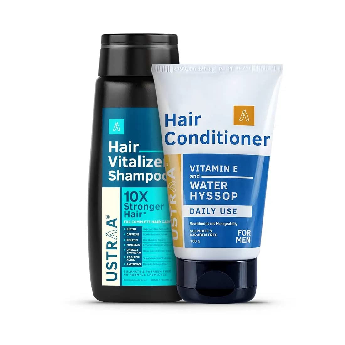 Ustraa Wash & Care Combo - Hair Vitalizer Shampoo - 250ml - Power of 26 Nutrients | Biotin | No SLS & Daily Use Hair Conditioner - 100g | Keeps Hair Nourished & Soft Post-Wash | with Brahmi