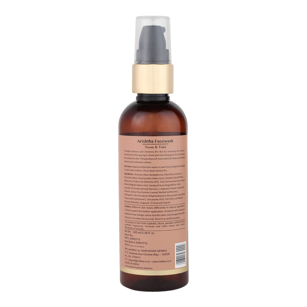 Mellow Herbals Ayurvedic Arishtha Facewash with Neem, Aloe Vera & Tulsi | Anti-Acne & Oil Control Face Cleanser | Deep Cleansing, Hydrating & Healing Formula | Sulphate-Free & Ayush Certified | 100ml