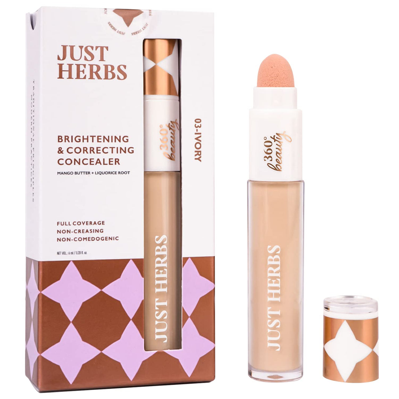 Just Herbs Concealer for Face Makeup With Liquorice Root Dewy Finish, Full Coverage Ultra Blendable Dark Circle Spot Brightening and Correcting Concealer 6ml (Ivory)