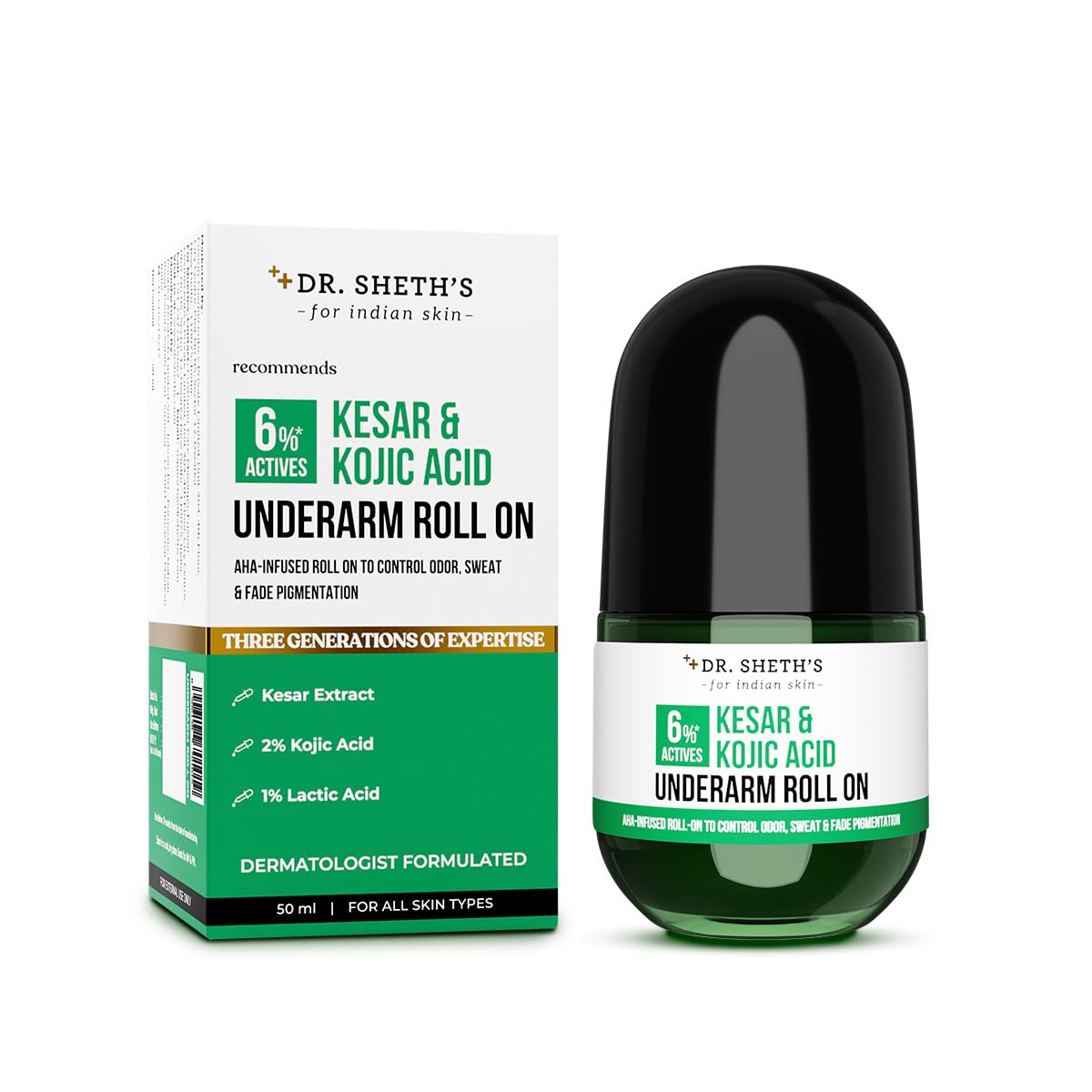 Dr. Sheth's Kesar & Kojic Underarm ROLL-ON|6% Actives-AHA,Kojic Acid & Niacinamide|Controls Body Odor,Sweat&Fades Pigmentation|For All Skin Types|Aqua Fragrance|Aluminium &Alcohol Free|For Unisex|50ml