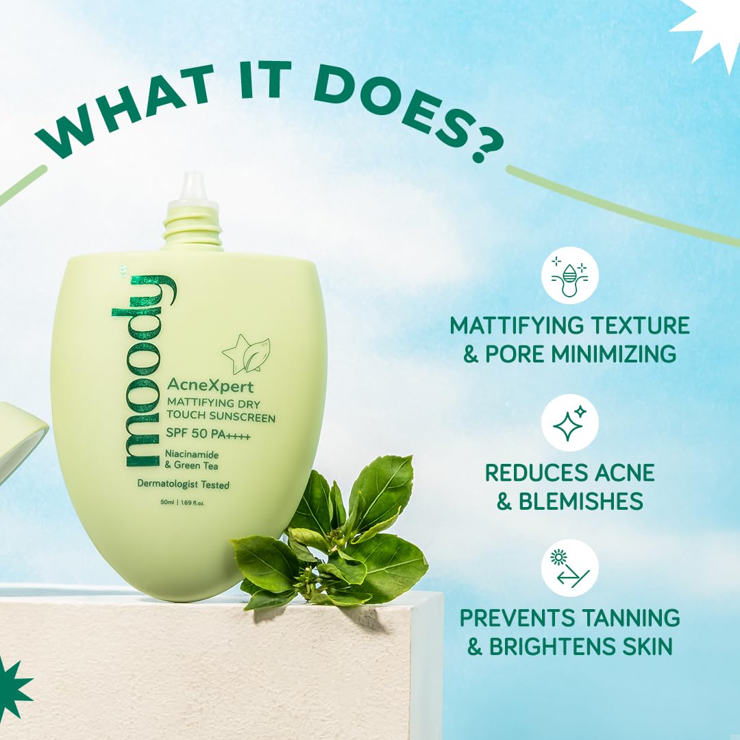 Moody AcneXpert Ultra Matte Dry Touch Sunscreen Gel with Niacinamide & Green Tea for All Skin Types | Water & Sweat Resistant with SPF 50 PA++++ | No White Cast, Non-greasy & Non-comedogenic-50ML
