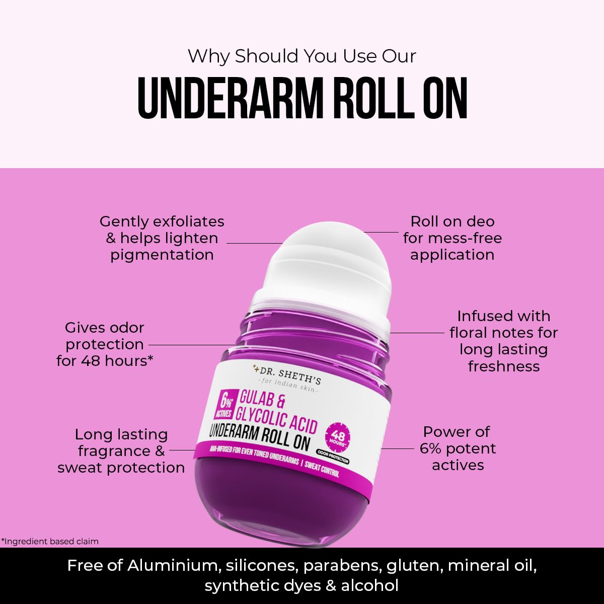 Dr. Sheth’s Gulab & Glycolic Acid Underarm Roll-On | 6% Actives | 48-Hours Odor Protection | AHA Based | Aluminum & Alcohol Free | Sweat Control & Fades Pigmentation | Floral Fragrance | For Men & Women | 50 ml