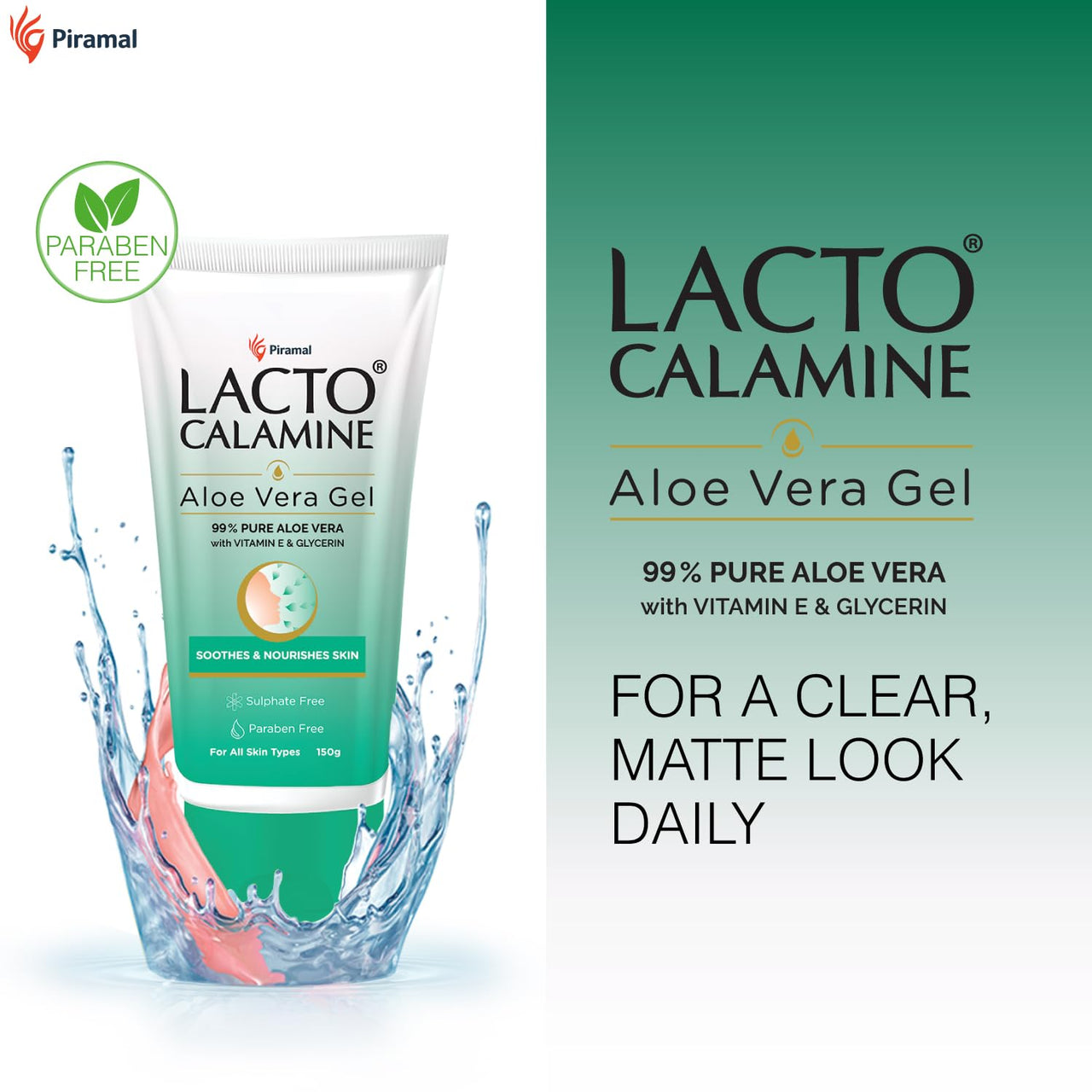 Lacto Calamine Aloe Vera Gel For Face | 150g | Moisturizer For Face With 99% Pure Natural AloeVera, Vitamin E & Glycerin For Hydrating Skin, Body & Hair | No Parabens, No Sulphates