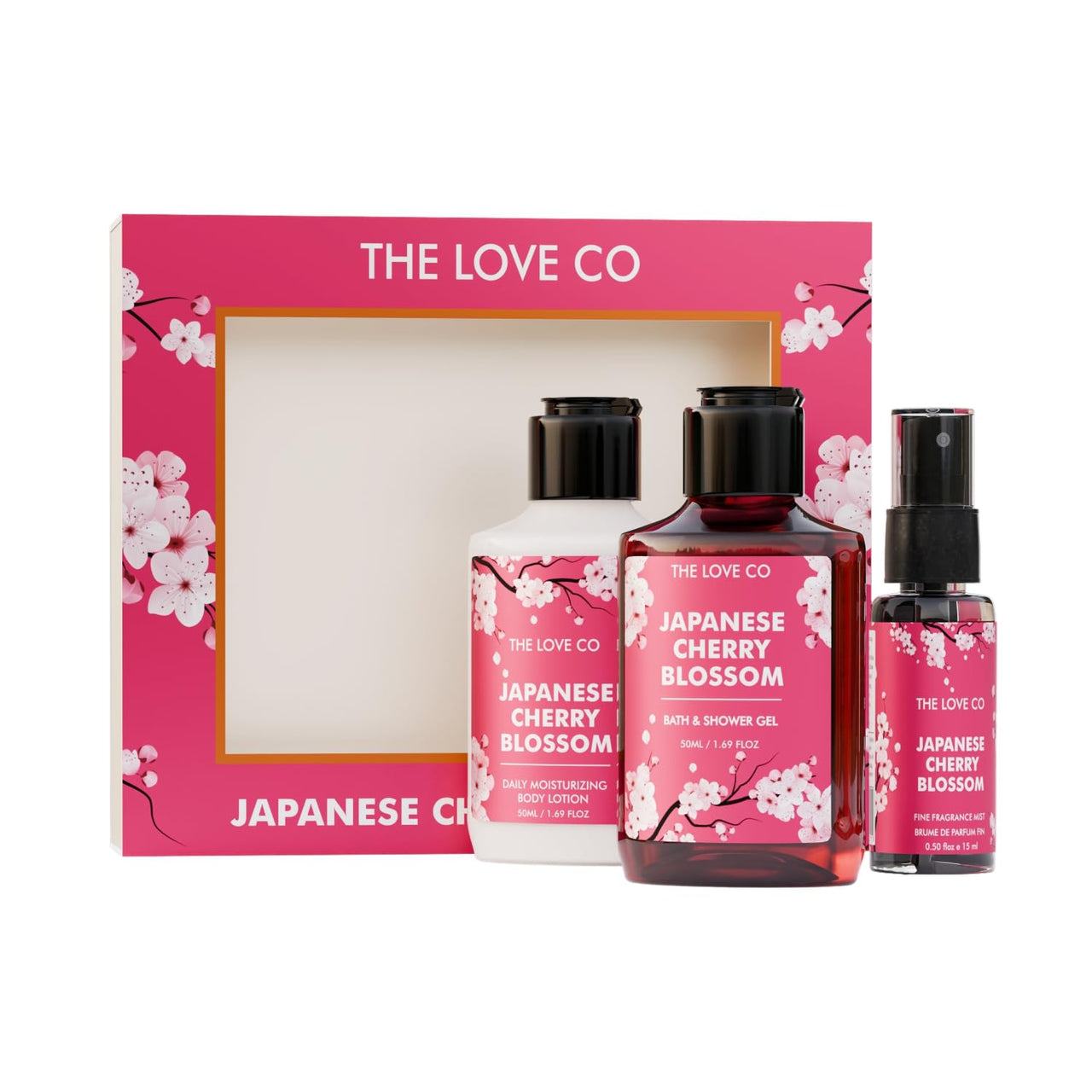 THE LOVE CO. Japanese Cherry Blossom Gift Collection| Indulge in Travel Pack Shower Gel, Body Lotion & Body Mist | Ideal Birthday & Special Occasion Hamper - Pack of 3