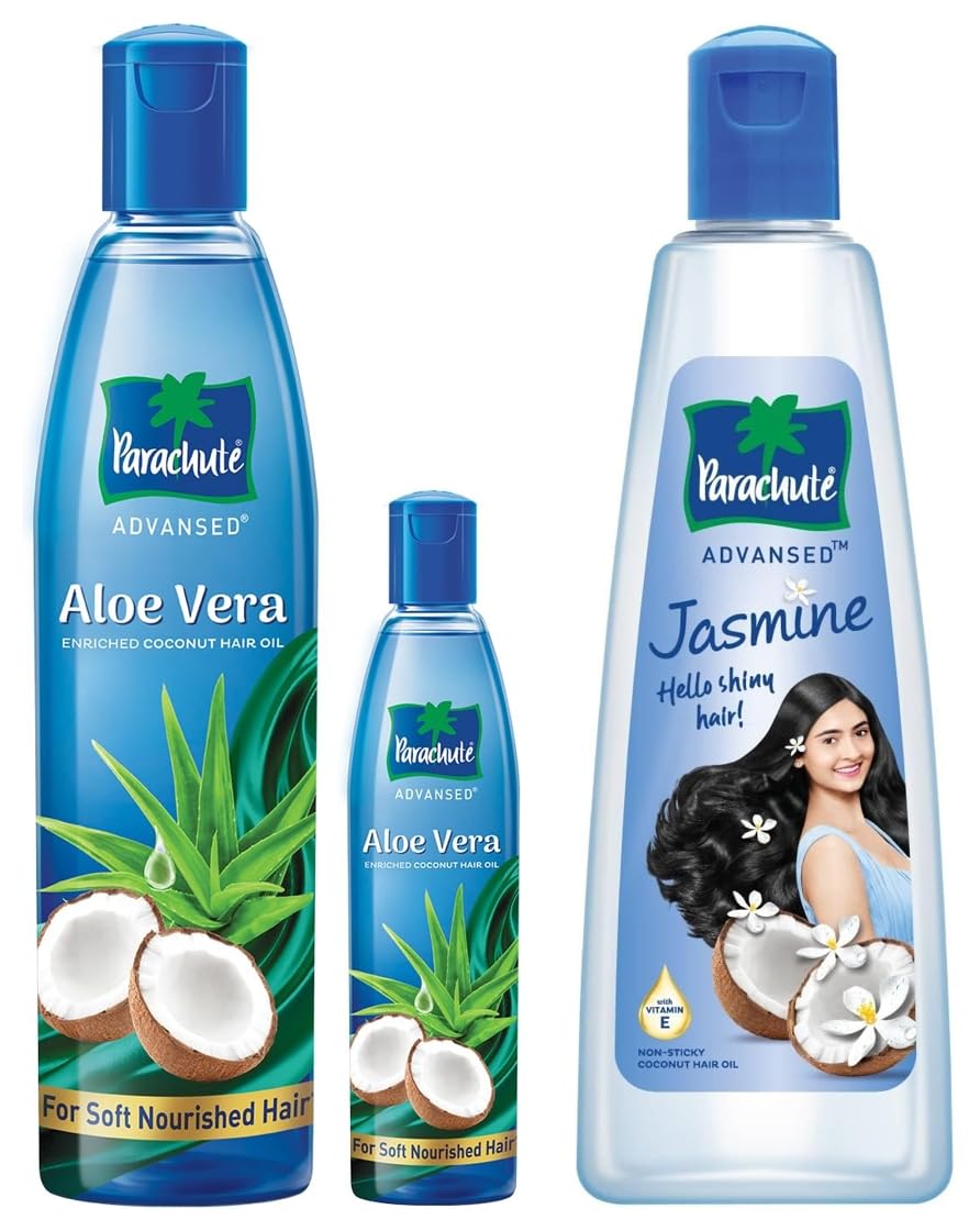 Parachute Advansed Jasmine Coconut Hair Oil With Vitamin-E For Healthy Shiny Hair, Non-sticky, 300ml&Parachute Advansed Aloe Vera Enriched Coconut Hair Oil, 250ml + 75ml | For Soft, Strong Hair