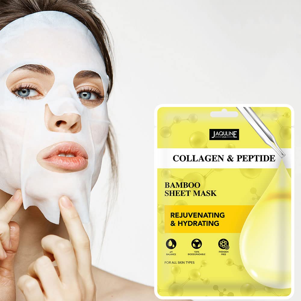 Jaquline USA Collagen & Peptide Sheet Mask|Zero Paraben And Sulphate|Biodegradable Ber Masks| Light-Weight| Hydrating And Skin Firming, 1 Count