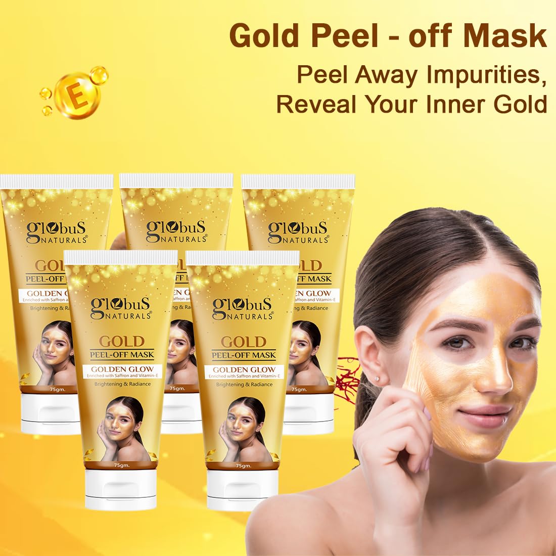 Globus Naturals Gold Peel Off Mask For Golden Glow, Enriched with Saffron & Vitamin-E, Brightening & Radiance, Suitable For All Skin Types, 75 g (Pack of 5)
