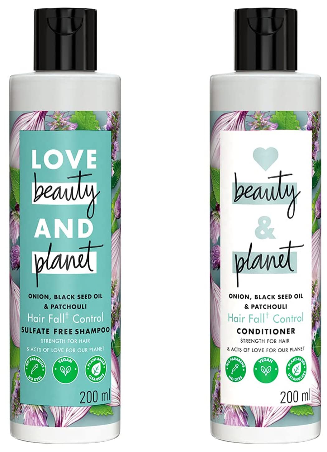 Love Beauty & Planet Onion oil, Blackseed oil & Patchouli Hairfall Control Shampoo & Conditioner, No Parabens, No dyes, Patchouli Essential Oil, 200 ml
