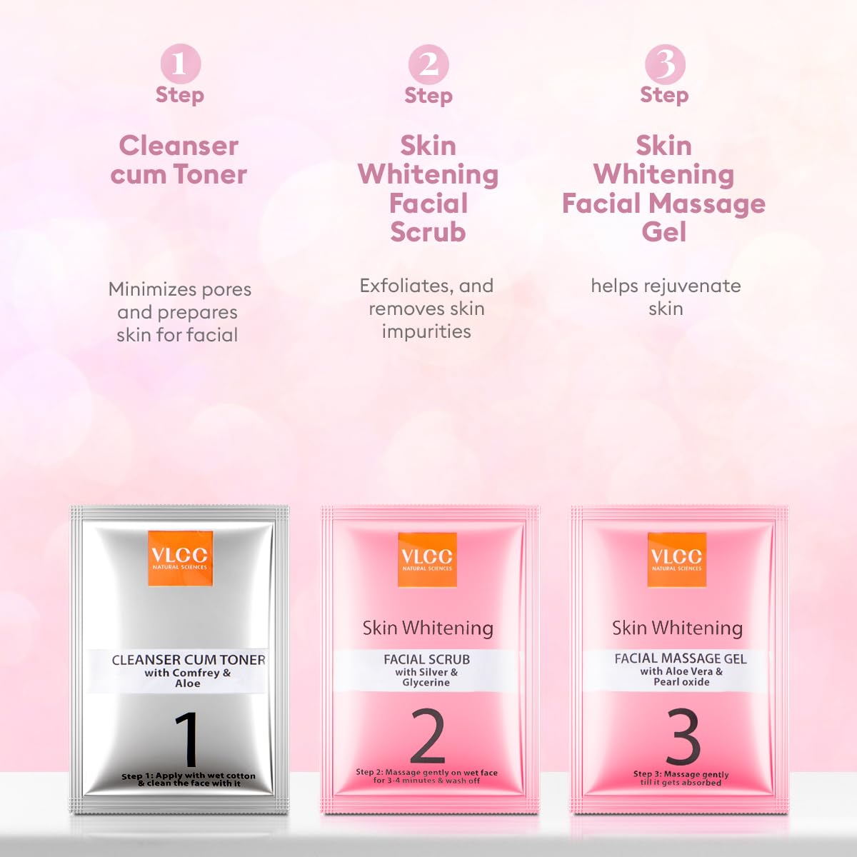 VLCC Skin Whitening Facial Kit - 25g X 3 (75g) (Pack of 3) | Pore Minimizing, Exfoliating and Brightening Skin | Helps Brighten Skin Tone | Even Complexion With Comfrey & Turmeric.