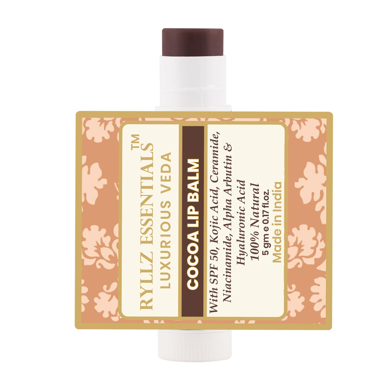 RYLLZ ESSENTIALS Cocoa Lip Balm | SPF 50 PA+++ | With Shea Butter, Kojic Acid, Ceramide, Niacinamide, Alpha Arbutin & Hyaluronic Acid | Brown Tint | For Lip Lightening & Moisturized Lips | 5 Gm