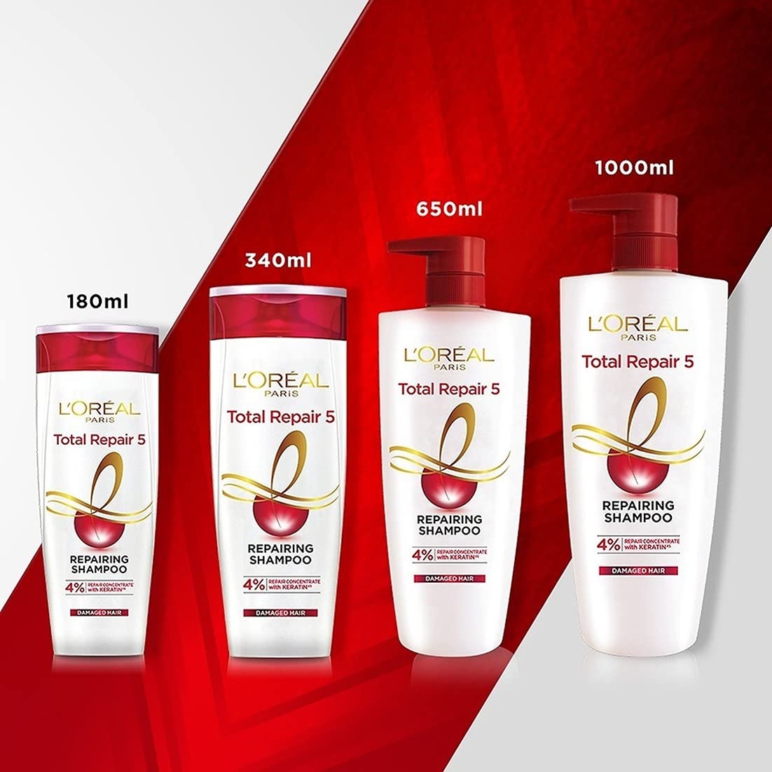L'Oréal Paris Shampoo & Conditioner, For Damaged and Weak Hair, With Pro-Keratin + Ceramide, Total Repair 5, Bundle Pack, 704ml + 192.5ml