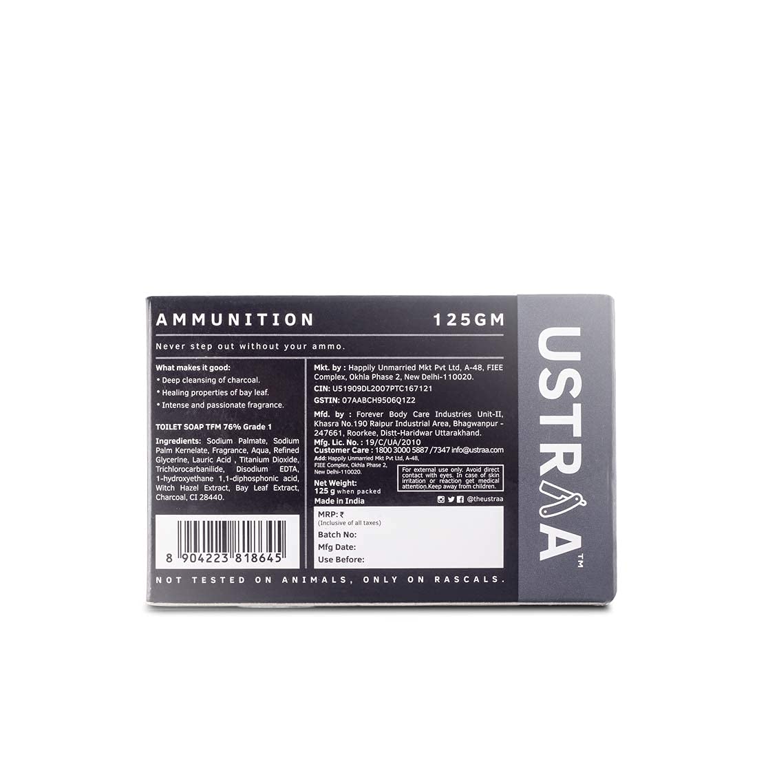 Ustraa Ammunition Cologne Soap with Charcoal & Bay Leaf, 6 x 125 gm (Pack of 6) | Clear, dirt-free skin with Activated Charcoal | Soap with Fragrance of Cologne