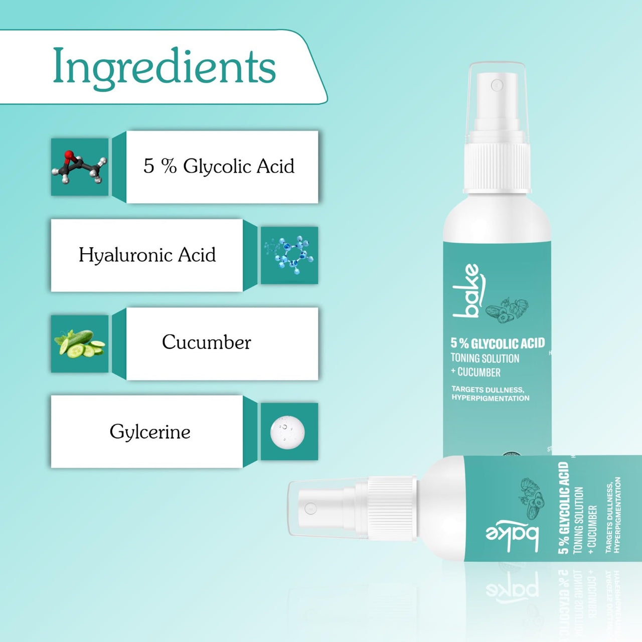 BAKE 5% Glycolic Acid Toner with Hyaluronic Acid for Pigmentation, Tan Removal & Pore Tightening | For Combination skin, Oily, Acne Prone skin | Glowing & Brightening Skin | 100ml