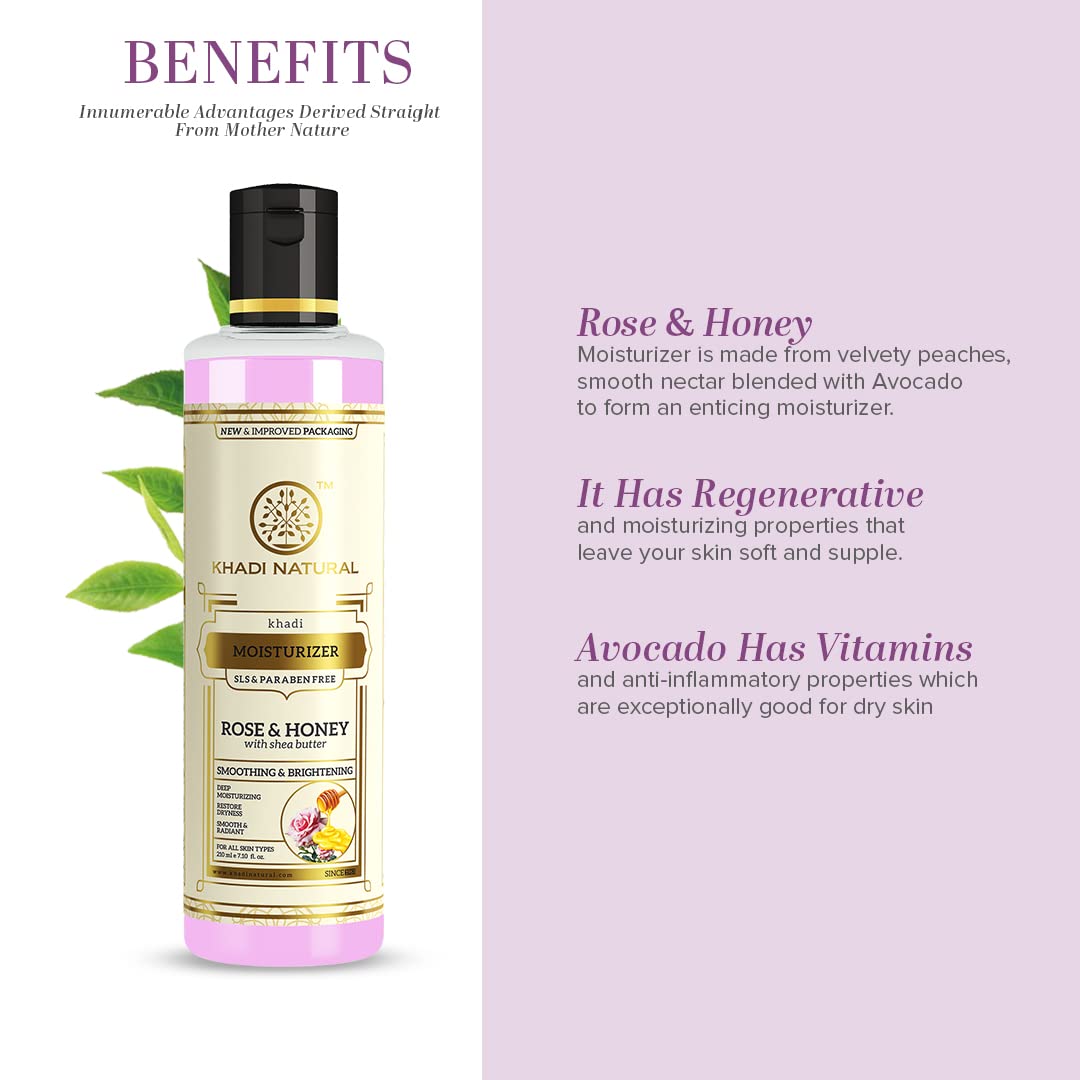 Khadi Natural Moisturising Lotion, Rose and Honey| Smooth and radiant skin| Unique non-sticky formula| Keeps skin moisturized | Body Lotion| Suitable for All Skin Types| 210ml
