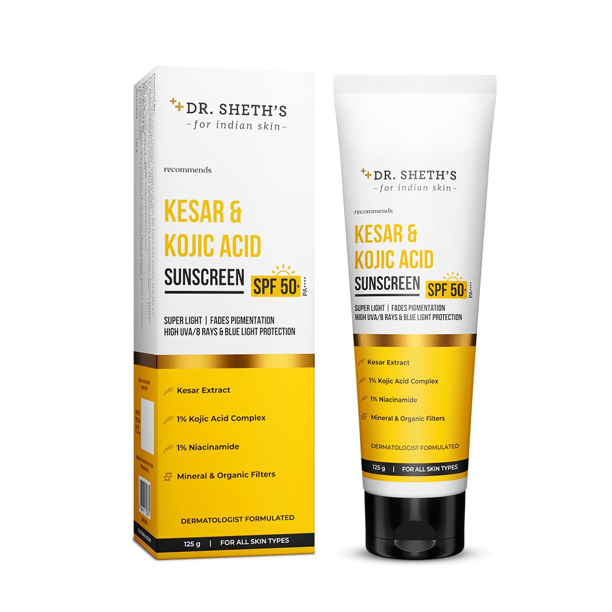 Dr. Sheth's Kesar & Kojic Acid Sunscreen with SPF 50 Pa++++ | For Pigtation-Free Skin | No White Cast & Light Weight | For Daily Moisturization | For All Skin Types | 125 g