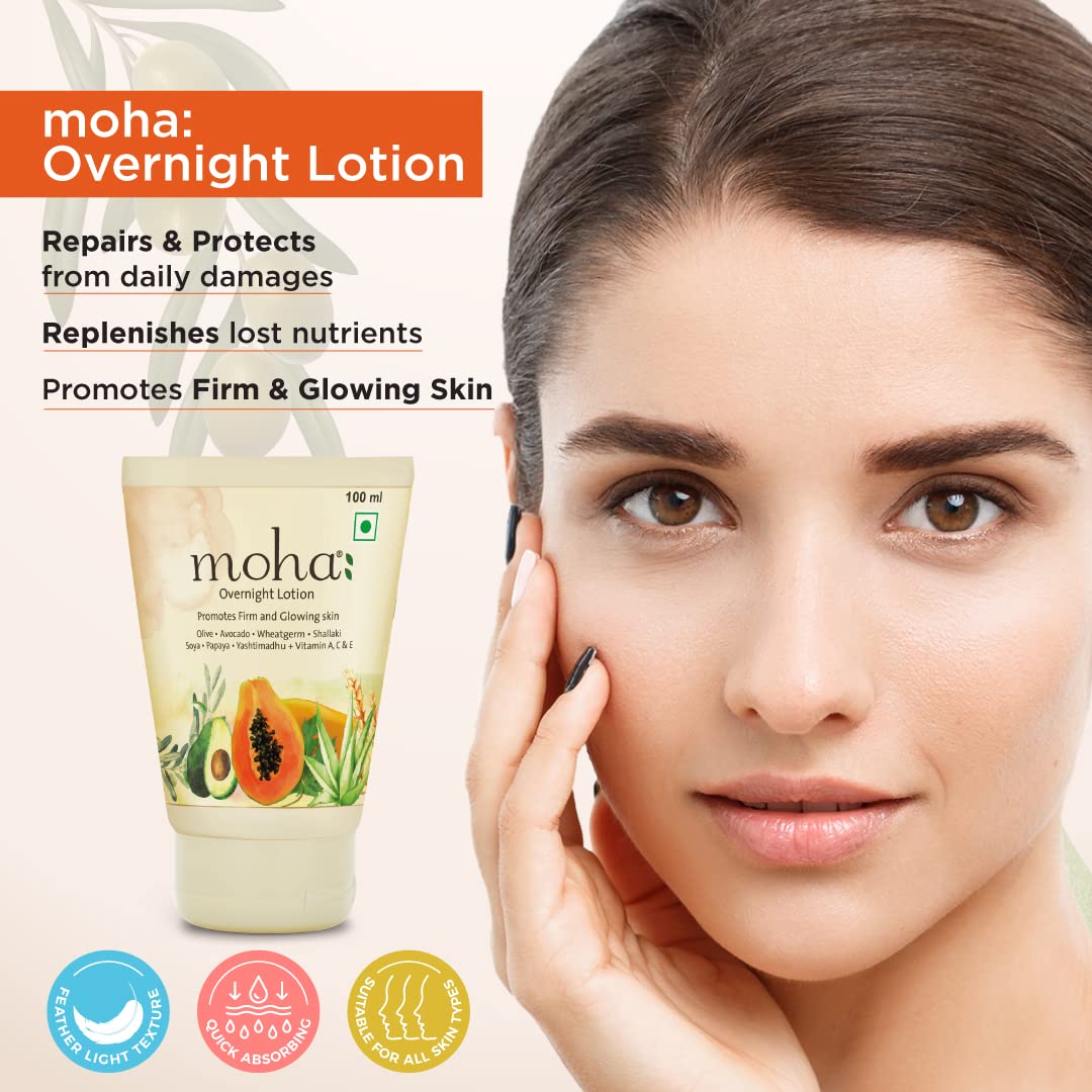 moha: Overnight Lotion with Aloe Vera, Papaya, Avocado night body lotion for Glowing Skin Unisex Suitable For all Skin Type - 100ml (Pack of 1)