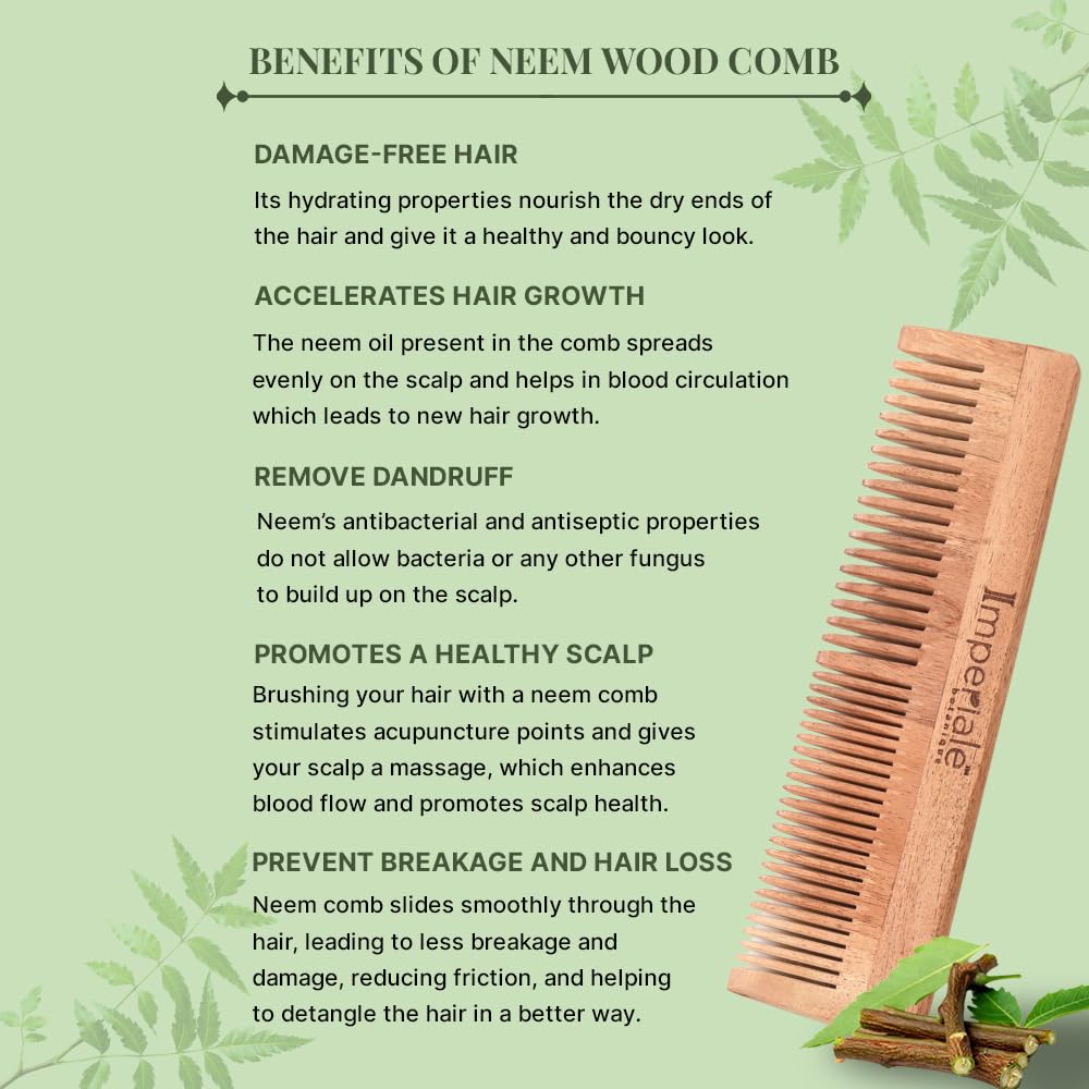 Imperiale Botanique Handmade Neem Wooden Double Teeth Hair Comb for Women & Men | Comb for Hair Growth Hairfall & Dandruff and Frizz Control | All Hair Types Pack of 1