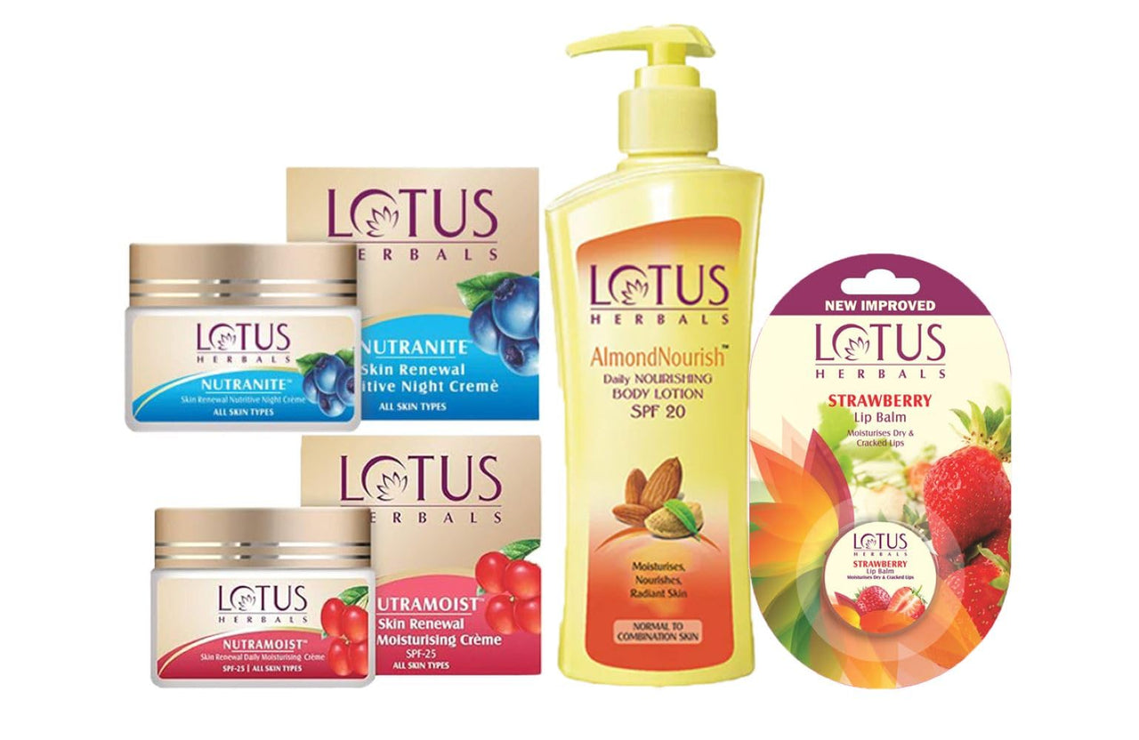 Lotus Herbals Winter Kit Nutramoist Cream_50g + Nutranite Cream_50g + Almondnourish Daily Body Lotion_250ml + Strawberry Lip Balm_5g (Set of 4)