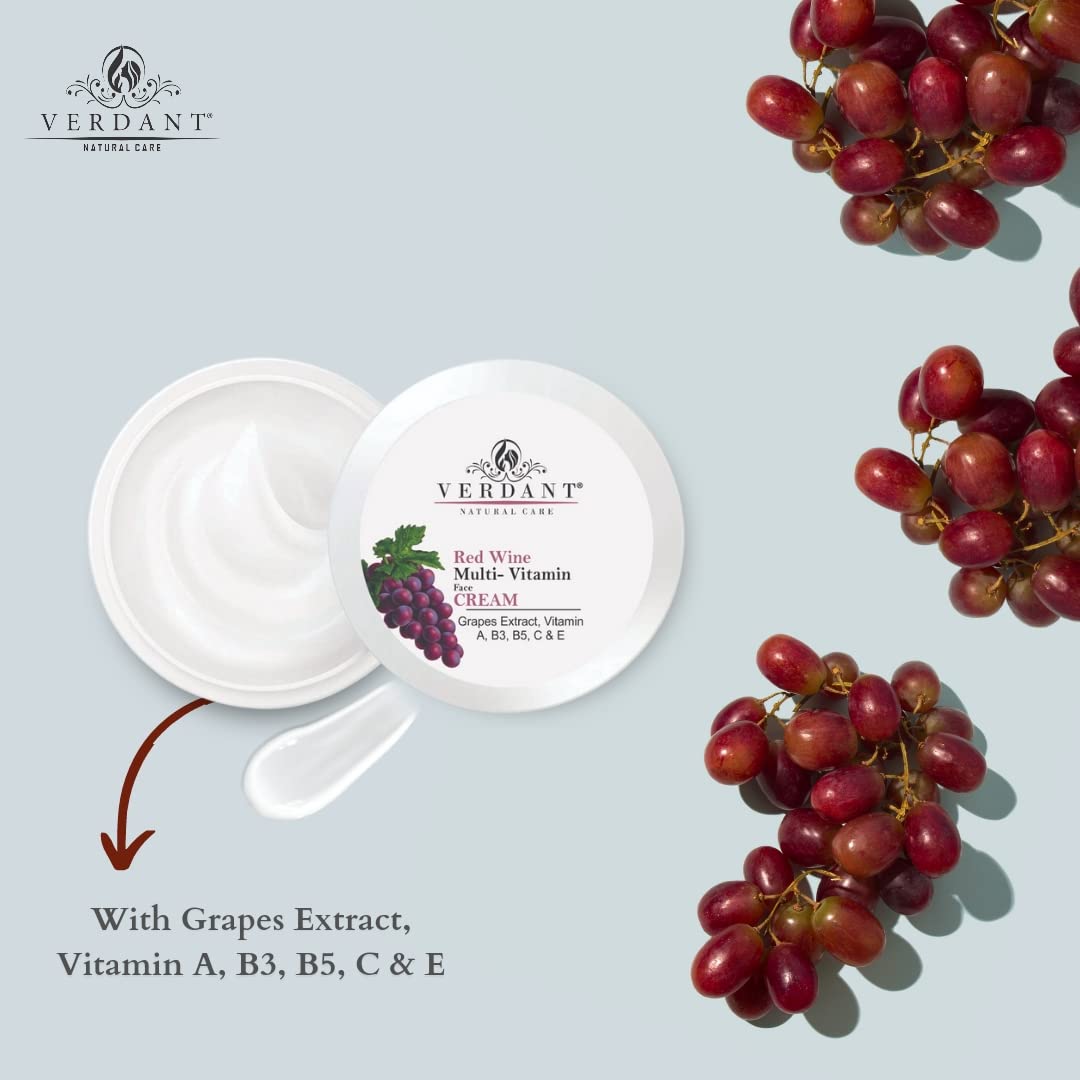 Verdant Natural Care Skin Brightening & Anti-Ageing Red Wine Face Cream with Grapes Extract | Red Vine Cream | Multi-Benefits Face Moisturizer | Anti-Aging Cream | Tanning & Pigmentation Control, Anti-Marks | Spots & Tan Removal Cream - Sulphate & Paraben