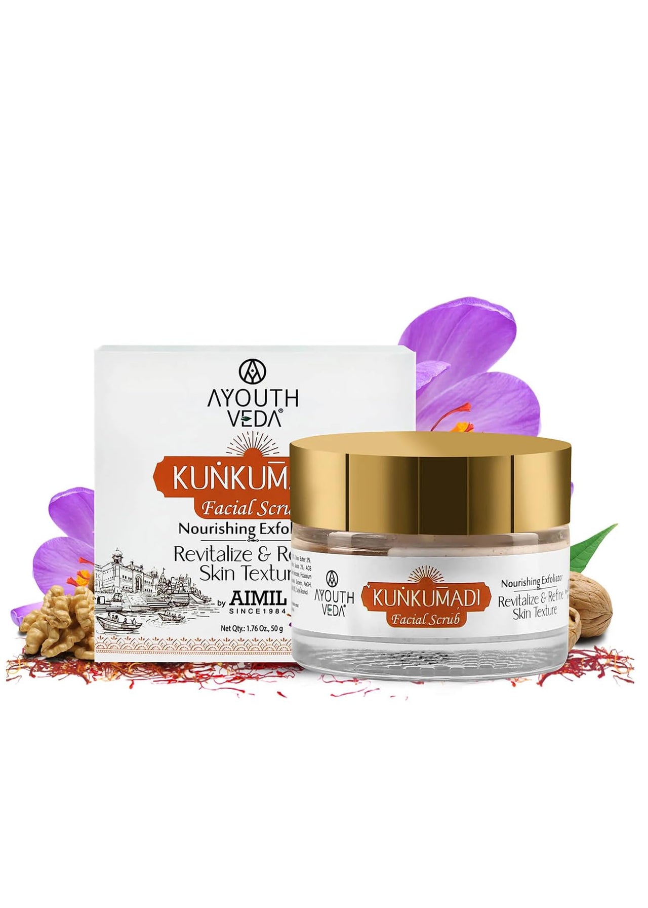 Ayouthveda Kunkumadi Face Scrub | Revitalize & Refine Skin Texture | With Walnut, Finest Kashmiri Saffron & Sunflower Extract | Cleanse Impurities & Promote New Cell Growth (Pack Of 1-50g)