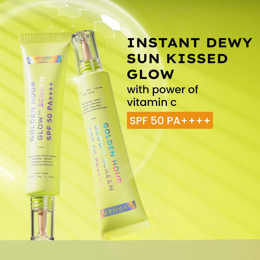 Hyphen Golden Hour Glow Sunscreen Spf 50 Pa++++ Dewy Glow & Bright Skin| Vitamin C Rich-10% Kakadu Plum & Peptides| Women Men|Lightweight & Non Greasy, Uv & Blue Light Protection|All Skin Types - 40G