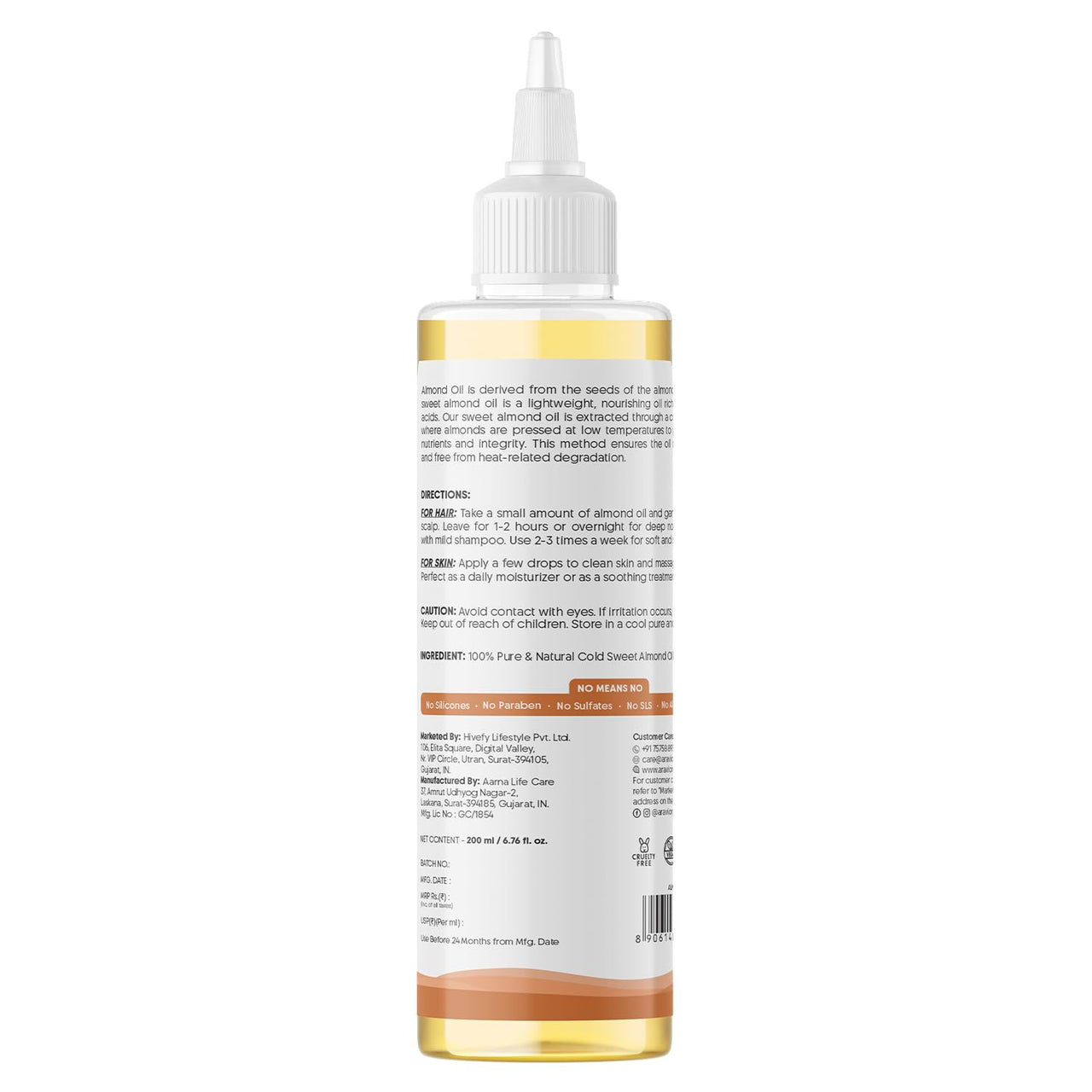 Aravi Organic 100% Pure Cold Pressed Almond Oil - For Hair Growth, Skin Care and Moisturising - 200 ml