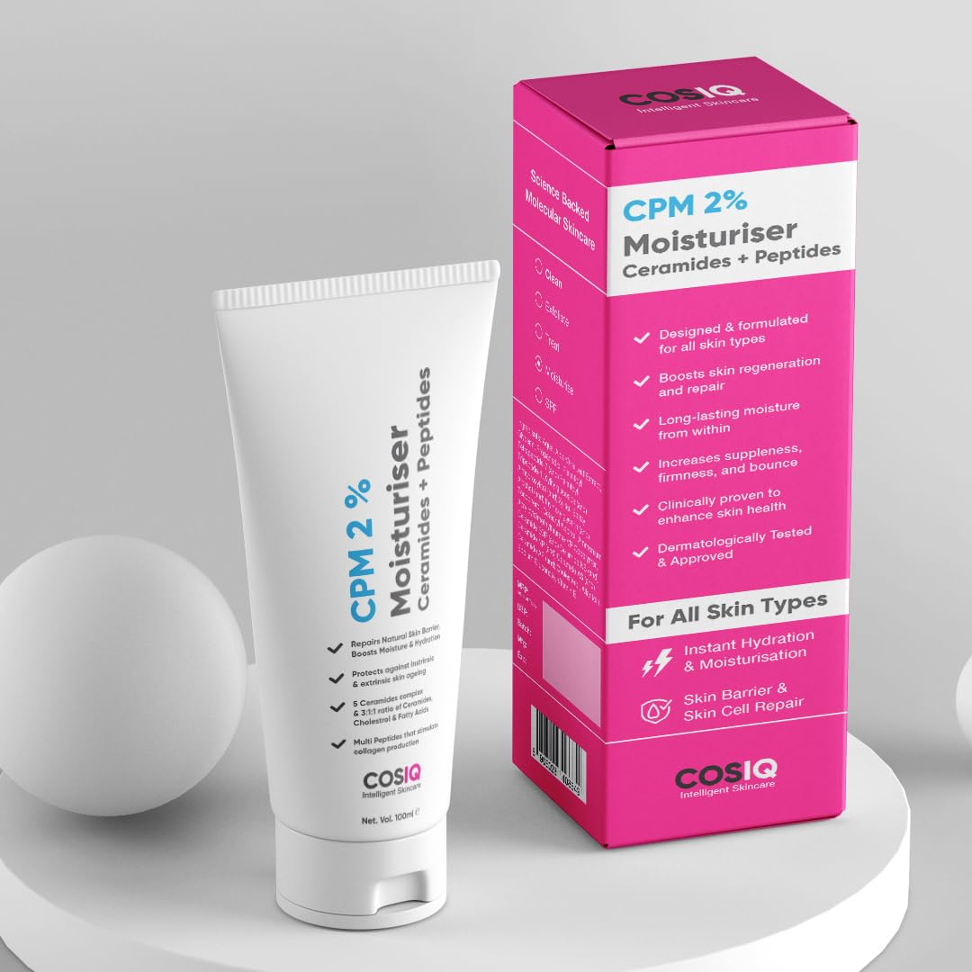 Cos-IQ CPM 2% Ceramides Moisturizer with Peptides for Intense Moisturizing and Skin Strengthening | Barrier Repair Cream | For Oily, Dry, Normal & Sensitive Skin | 100ml
