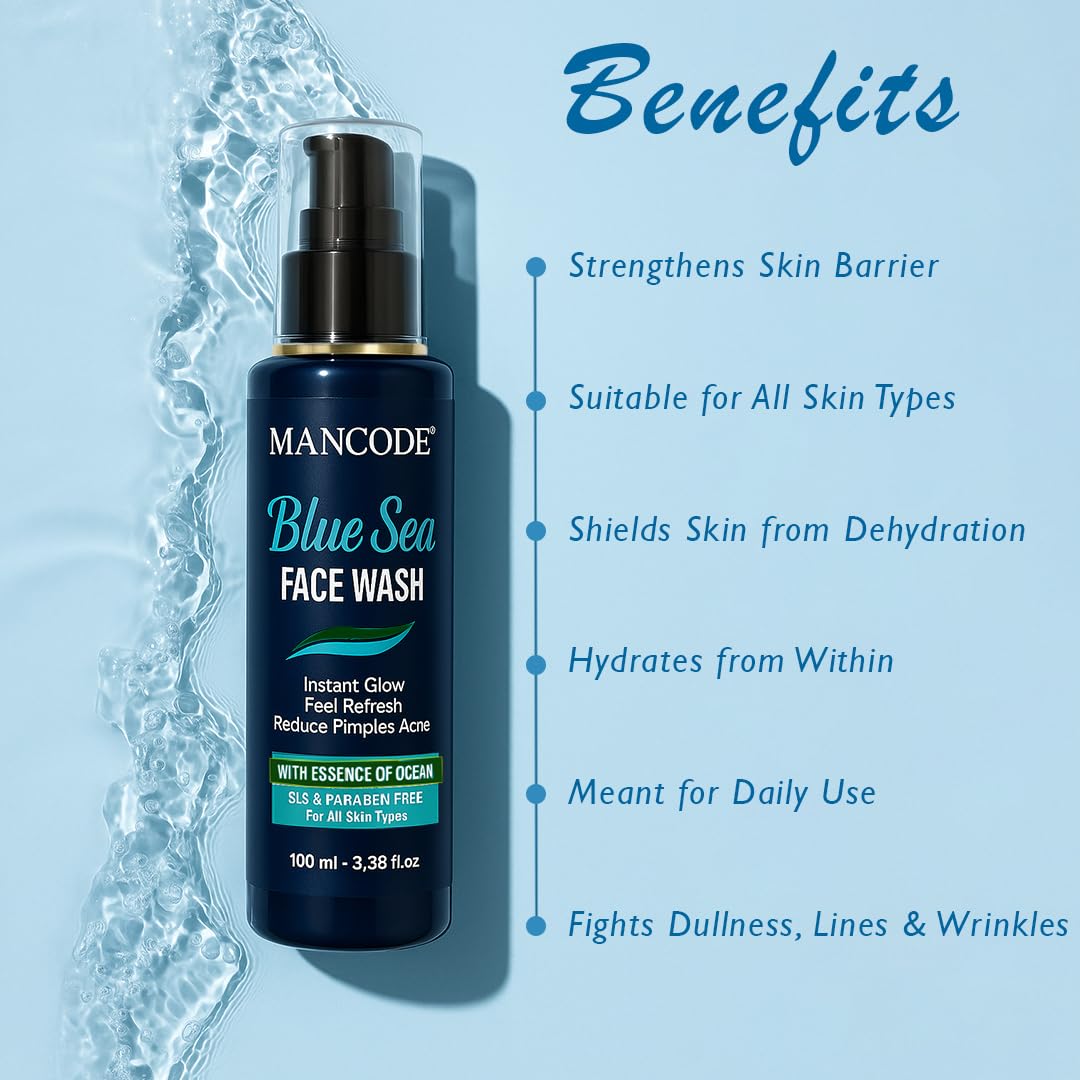 Mancode Blue Sea Face Wash-100ml | Instant Glow & Refreshing Feel | Reduces Pimples & Acne | Enriched with Ocean Essence | Paraben-Free, Gentle Formula for All Skin Types | Deep Cleansing