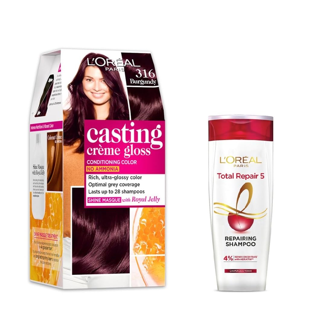L'Oreal Paris Casting Creme Gloss Hair Color - 316 Burgundy (87.5g+72ml) + Total Repair 5 Shampoo 82.5ml
