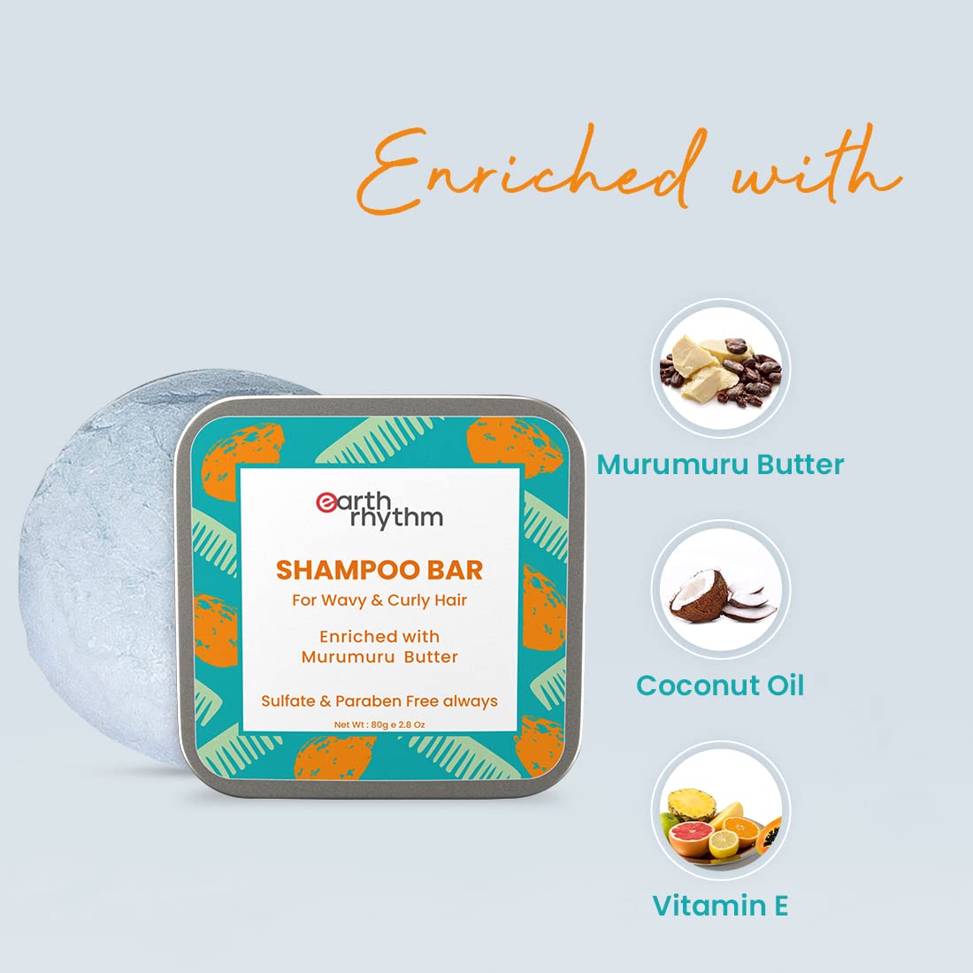 Earth Rhythm Murumuru Butter Shampoo Bar for Dry, Frizzy and Curly Hair, with Vitamin E | Deep Conditions, Softens & Maintains Growth | Sulphate & Paraben Free | Men & Women - 80g (Tin)
