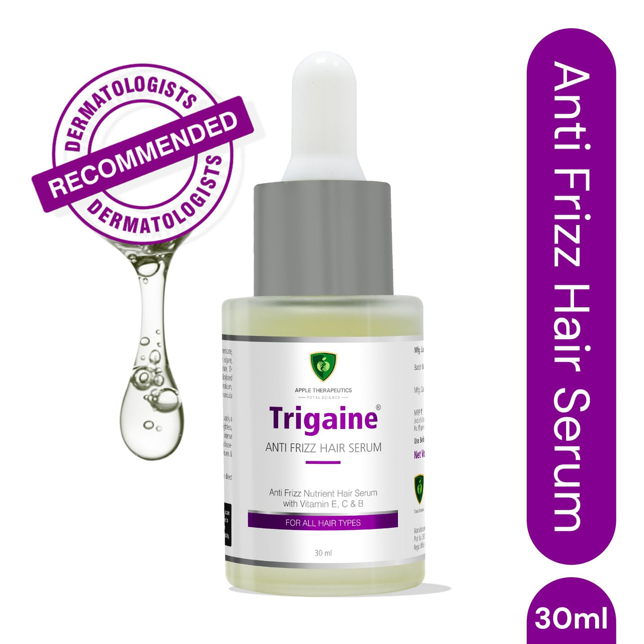 Trigaine Anti-Frizz Hair Serum 30ml | Detangle Hair Controls Frizz Repairs Dry & Brittle Hair | Argan Oil Vitamin E C & B Enriched Leave-In Hair Serum | Lightweight Non-Greasy