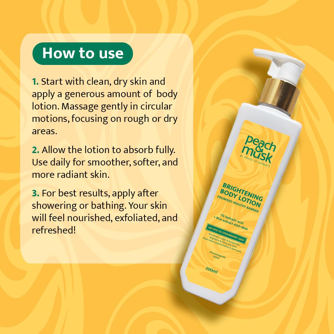 Peach and Musk 1% Salicylic Acid Skin Brightening Body Lotion, Rice Extract with AHA + BHA Reduces Appearance of Strawberry Skin, Reduces Pigmentations & Dark Spots, Both Men and Women- 200ml