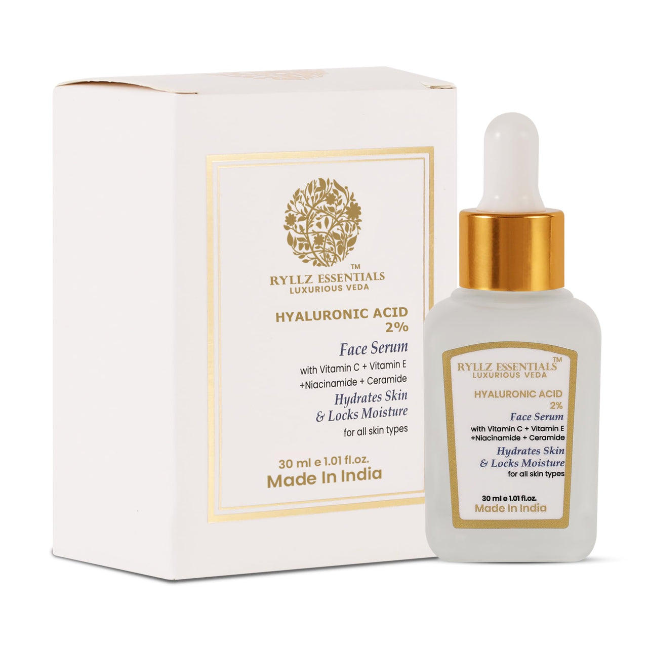 RYLLZ ESSENTIALS 2% Hyaluronic Acid Face Serum | with Ceramide, 5% Niacinamide, Aloe Vera, Vitamin E & Vitamin C | for Intense Hydration, Barrier Repair, Glowing Skin & Fine Lines | 30ml
