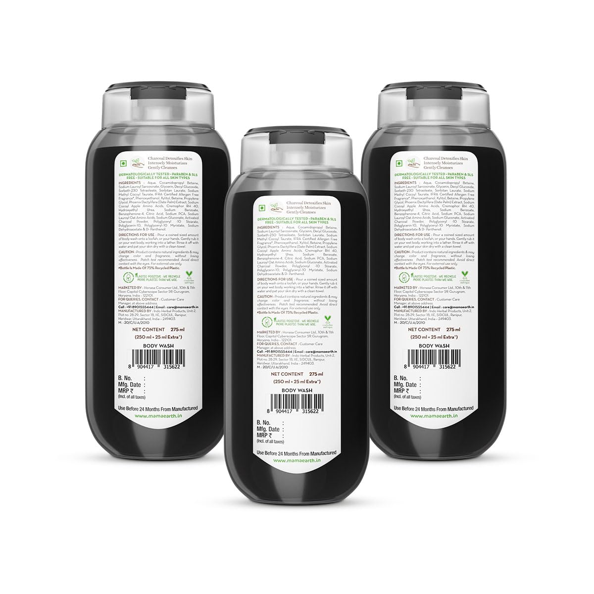 Mamaearth Charcoal Moisturizing Body Wash with Activated Charcoal & Energizing Mint Scent for Skin Detoxification- 275ml | Deeply Cleanses | Intensely Moisturizes | Long-Lasting Fragrance | All Skin Types (Pack of 3)