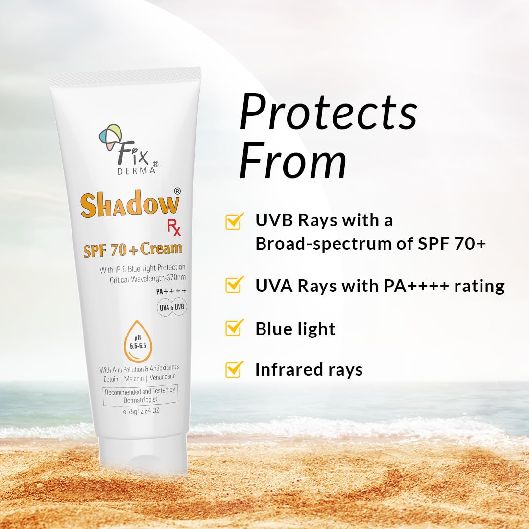 Fixderma Shadow RX Sunscreen SPF 70+ Cream | Sunscreen for Dry Skin | Sunblock SPF 70 | Hybrid Sunscreen with UVA & UVB Filters, Antioxidants, IR Protection and Blue Light Protection - 75gm